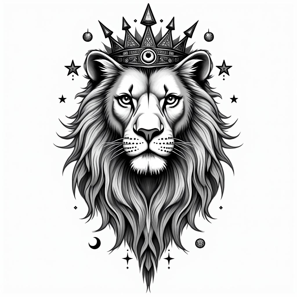 Lioness with crown on headin prophecy tattoo style, featuring mystical symbols, celestial imagery like stars, moons, suns, geometric patterns, foretelling elements, an eye of wisdom - Variation 9