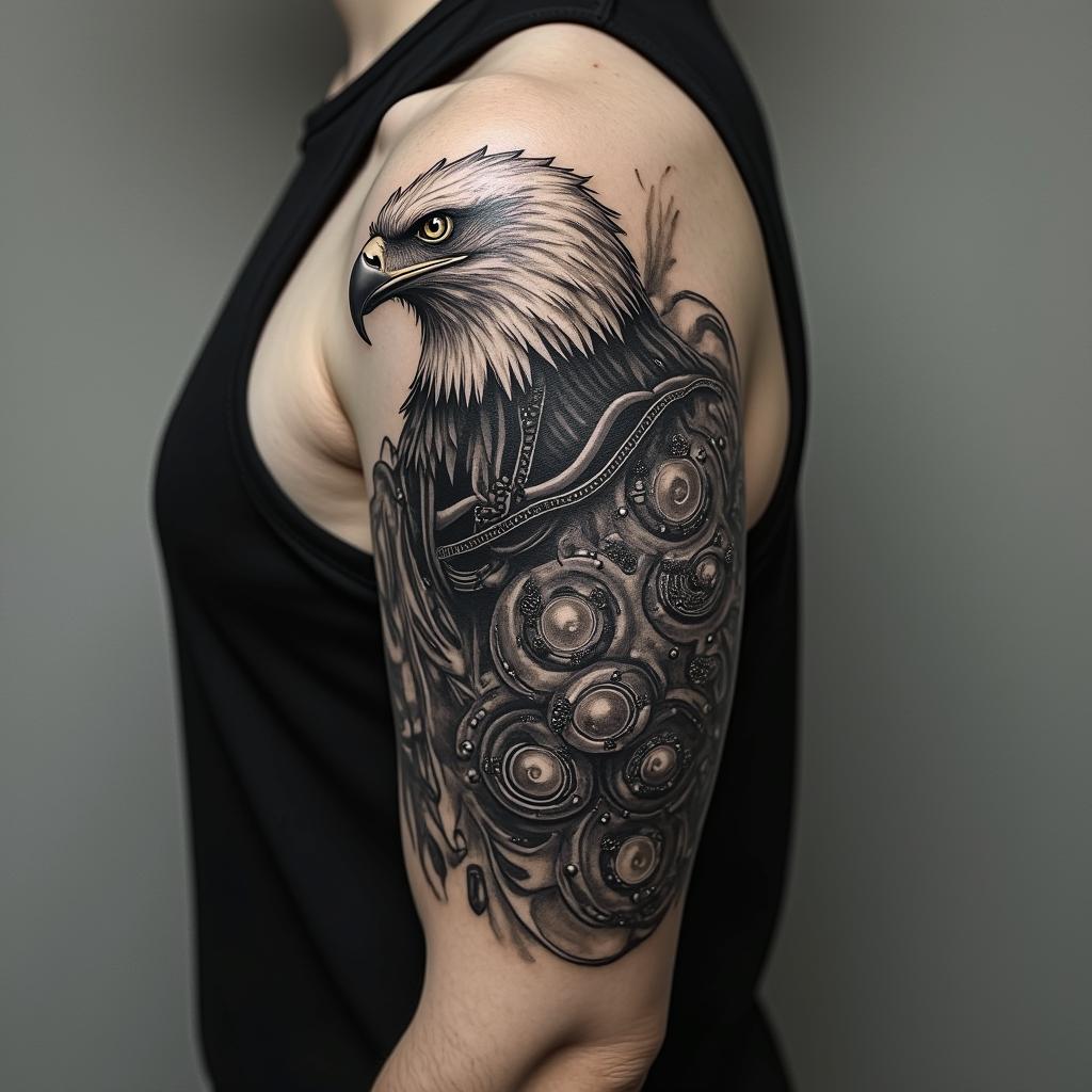 Eagle Κ.Ε.Α.Π special force greccetattoo in biomechanic style, the tattoo covered by robotic elements of futuristic cyberpunk design, robotic features detail, showcasing intricate mechanical components