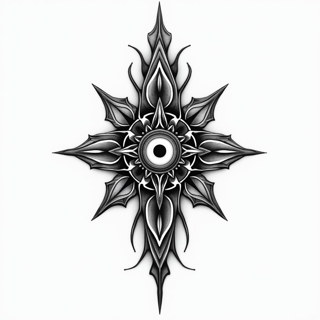 Luis Angel, Escorpioin spiritual symbols tattoo style, featuring an intricate design incorporating elements, Hamsa hand, third eye, minimalist composition