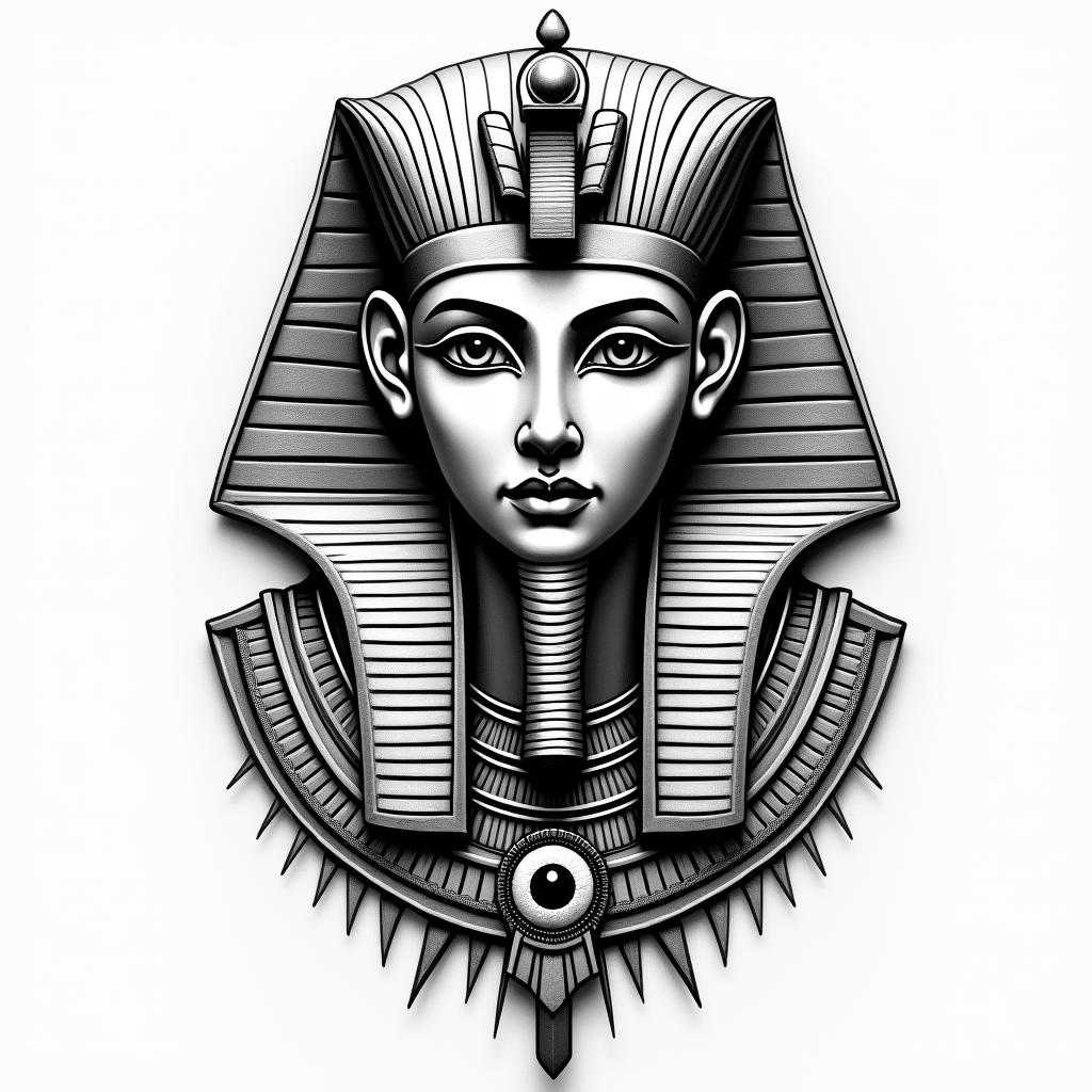 That I describe how brave and warrior-like I am, how important it is for me to live day by day.in egyptian style tattoo, bold elements of ancient egyptian culture including a portrait of an Egyptian pharaoh with detailed facial features, in hieroglyphs and symbolic imagery, eye of horus, ankh symbol, scarab beetle - Variation 3
