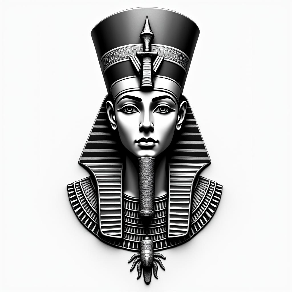 That I describe how brave and warrior-like I am, how important it is for me to live day by day.in egyptian style tattoo, bold elements of ancient egyptian culture including a portrait of an Egyptian pharaoh with detailed facial features, in hieroglyphs and symbolic imagery, eye of horus, ankh symbol, scarab beetle - Variation 2