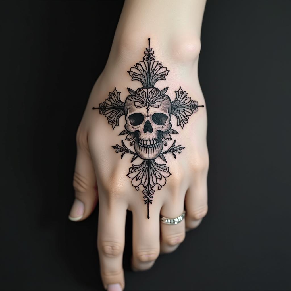 Delicate cross, chain, flower, skullin ornamental tattoo style, featuring intricate symmetrical patterns and floral designs, showcasing highly detailed line work and geometric shapes, creating a sense of elegance and balance - Variation 2