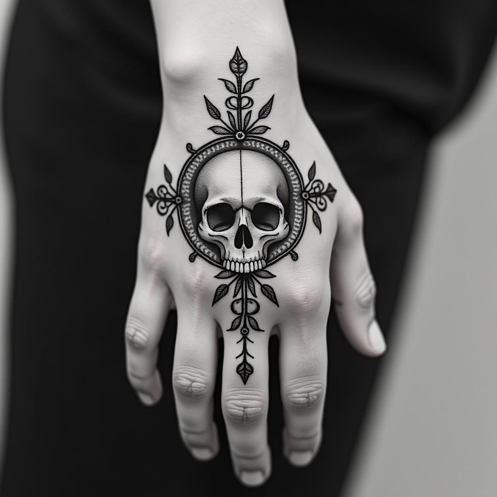 Delicate cross, chain, flower, skullin ornamental tattoo style, featuring intricate symmetrical patterns and floral designs, showcasing highly detailed line work and geometric shapes, creating a sense of elegance and balance - Variation 4