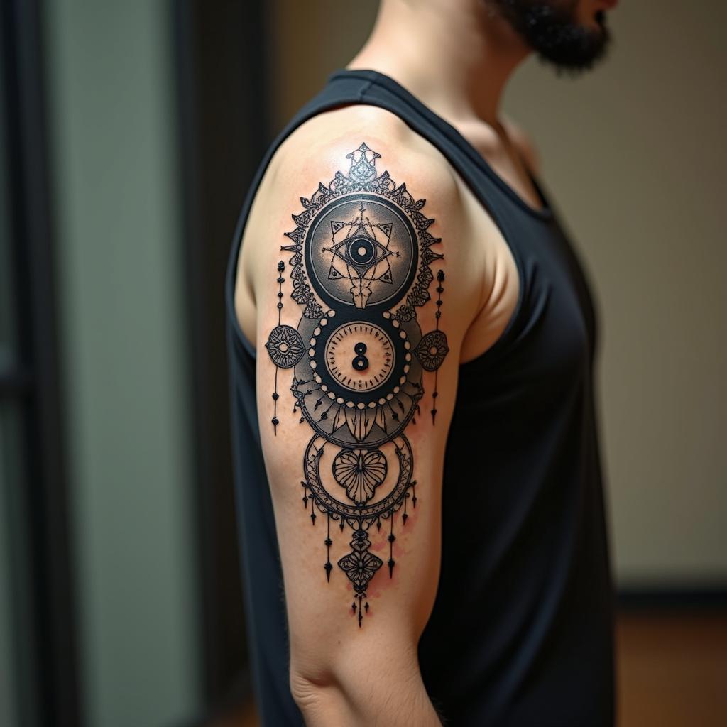Lovecraftian horror,  Divine paradox, number 8 symbolismin spiritual symbols tattoo style, featuring an intricate design incorporating elements, Hamsa hand, third eye, minimalist composition - Variation 4