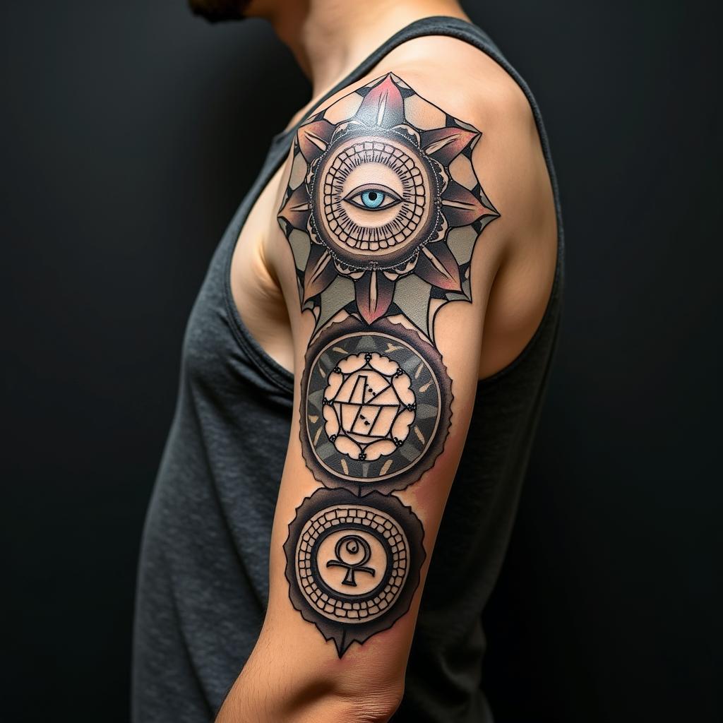 Lovecraftian horror,  Divine paradox, number 8 symbolismin spiritual symbols tattoo style, featuring an intricate design incorporating elements, Hamsa hand, third eye, minimalist composition - Variation 3