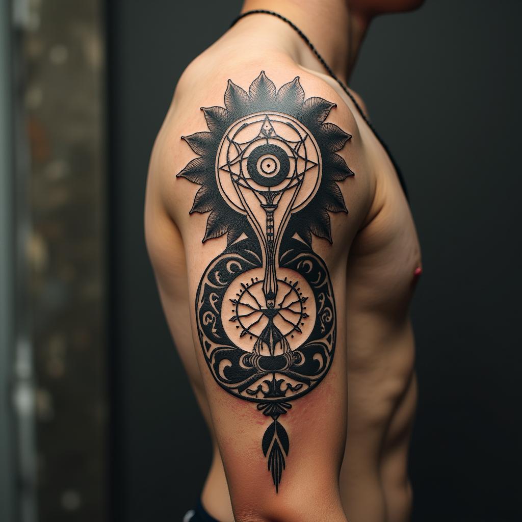 Lovecraftian horror,  Divine paradox, number 8 symbolismin spiritual symbols tattoo style, featuring an intricate design incorporating elements, Hamsa hand, third eye, minimalist composition - Variation 2
