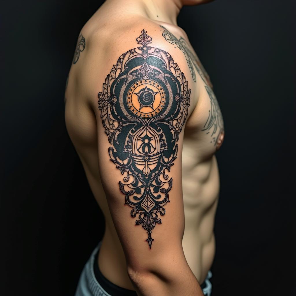 Lovecraftian horror,  Divine paradox, number 8 symbolismin spiritual symbols tattoo style, featuring an intricate design incorporating elements, Hamsa hand, third eye, minimalist composition