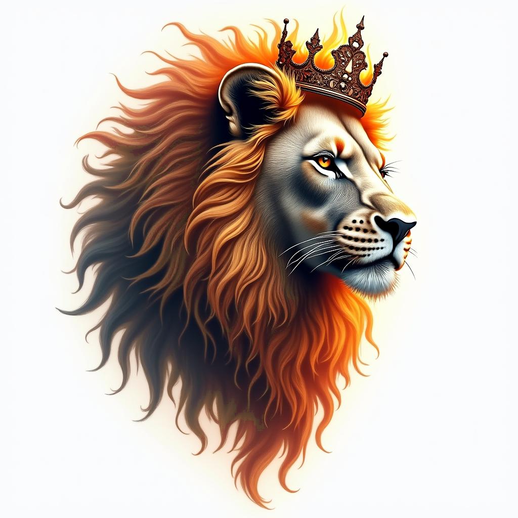 Lioness with crown on headin flame tattoo style showcasing fiery elements with dynamic flame patterns, glowing effect of flames, natural colors - Variation 3
