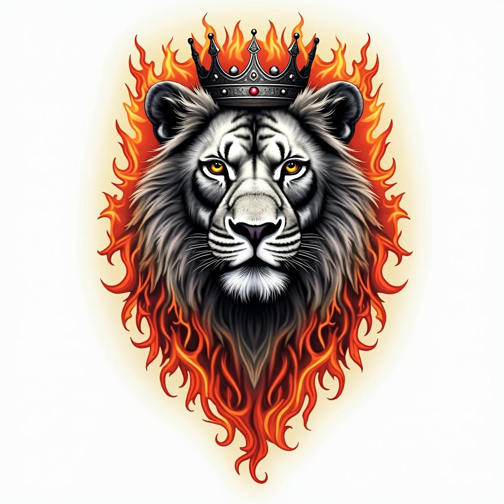 Lioness with crown on headin flame tattoo style showcasing fiery elements with dynamic flame patterns, glowing effect of flames, natural colors - Variation 2