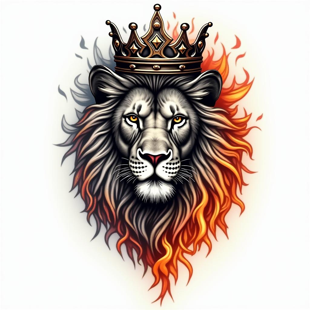 Lioness with crown on headin flame tattoo style showcasing fiery elements with dynamic flame patterns, glowing effect of flames, natural colors - Variation 4