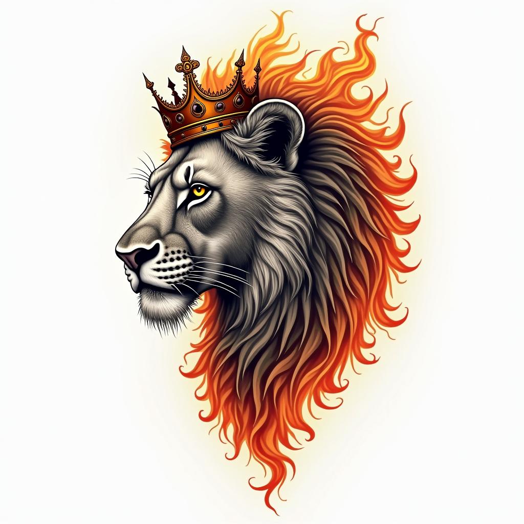 Lioness with crown on headin flame tattoo style showcasing fiery elements with dynamic flame patterns, glowing effect of flames, natural colors