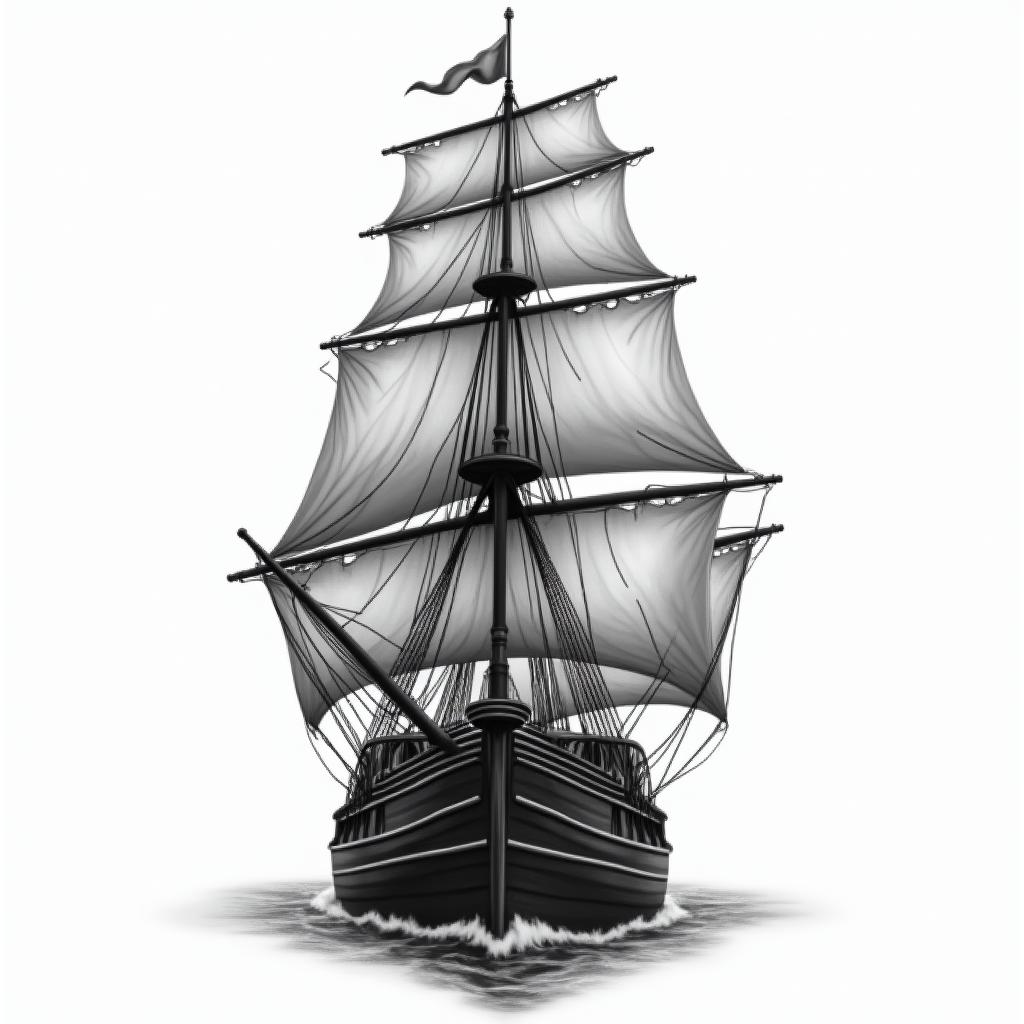 a front facing ship, the top of the shipin realism tattoo style, featuring a highly detailed, lifelike, capturing every detail, photorealistic, ultra realistic, intricate shading, smooth and sharp,   - Variation 2