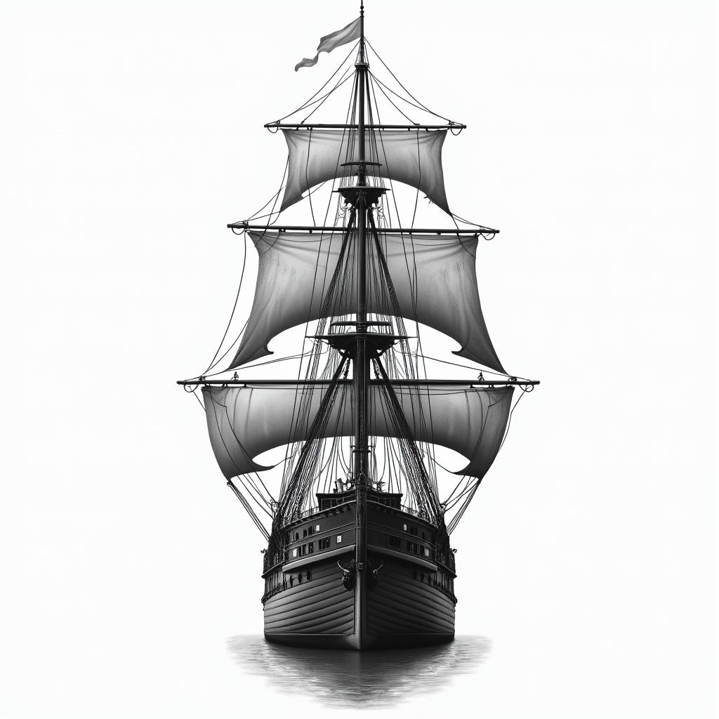 a front facing ship, the top of the shipin realism tattoo style, featuring a highly detailed, lifelike, capturing every detail, photorealistic, ultra realistic, intricate shading, smooth and sharp,   - Variation 3
