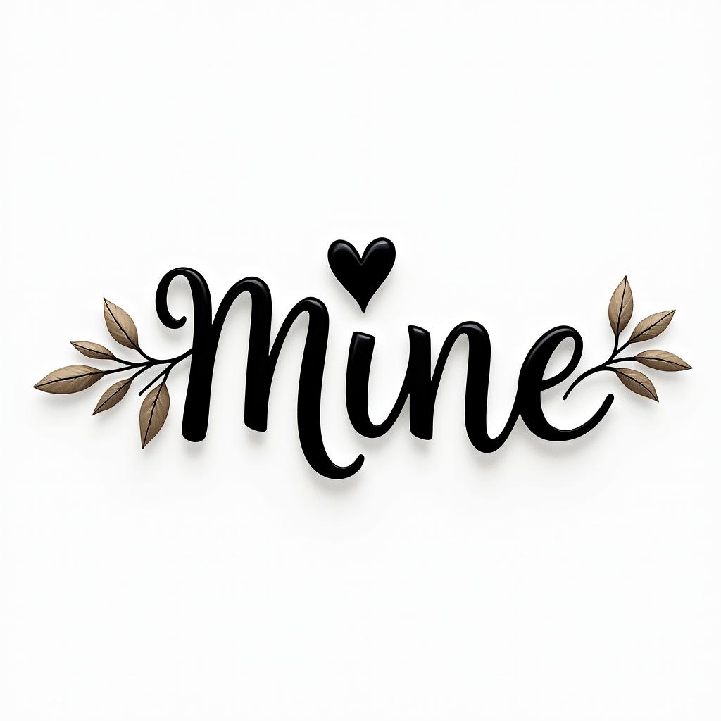 Minein elegant cursive calligraphy style 2d tattoo, decorate with roses, featuring a smooth and flowing handwritten script with slightly thickened strokes for a luxurious and bold appearance,  heart symbol between names,  sleek and glossy black text with shadowing, minimalist matte white background, clean and sharp edges, illuminated with soft lighting, romantic, 8k, high-quality textures with refined typography - Variation 2