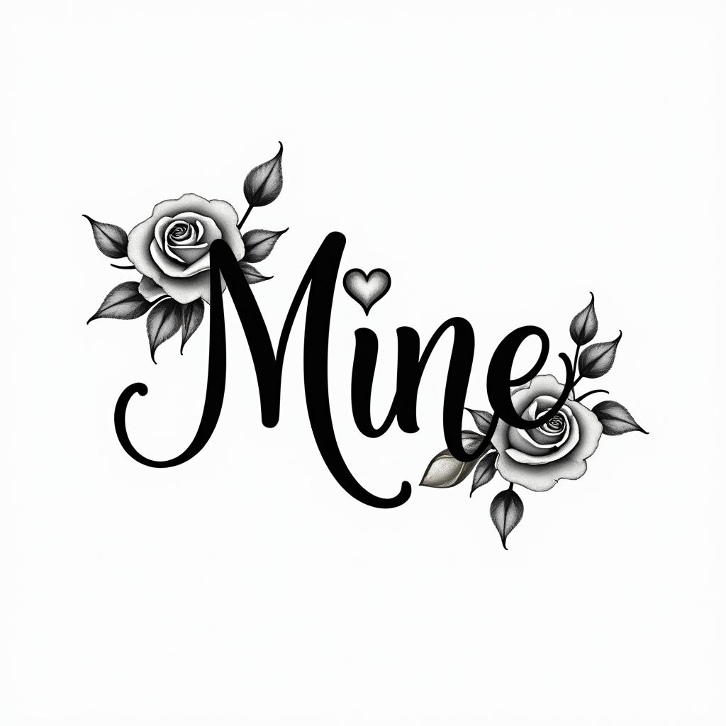 Minein elegant cursive calligraphy style 2d tattoo, decorate with roses, featuring a smooth and flowing handwritten script with slightly thickened strokes for a luxurious and bold appearance,  heart symbol between names,  sleek and glossy black text with shadowing, minimalist matte white background, clean and sharp edges, illuminated with soft lighting, romantic, 8k, high-quality textures with refined typography - Variation 3