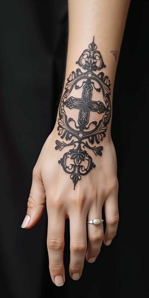 Delicate cross, net, flower, skullin victorian style tattoo, featuring vintage and elegant elements, ornate frames, roses, antique, sepia-toned color scheme - Variation 2