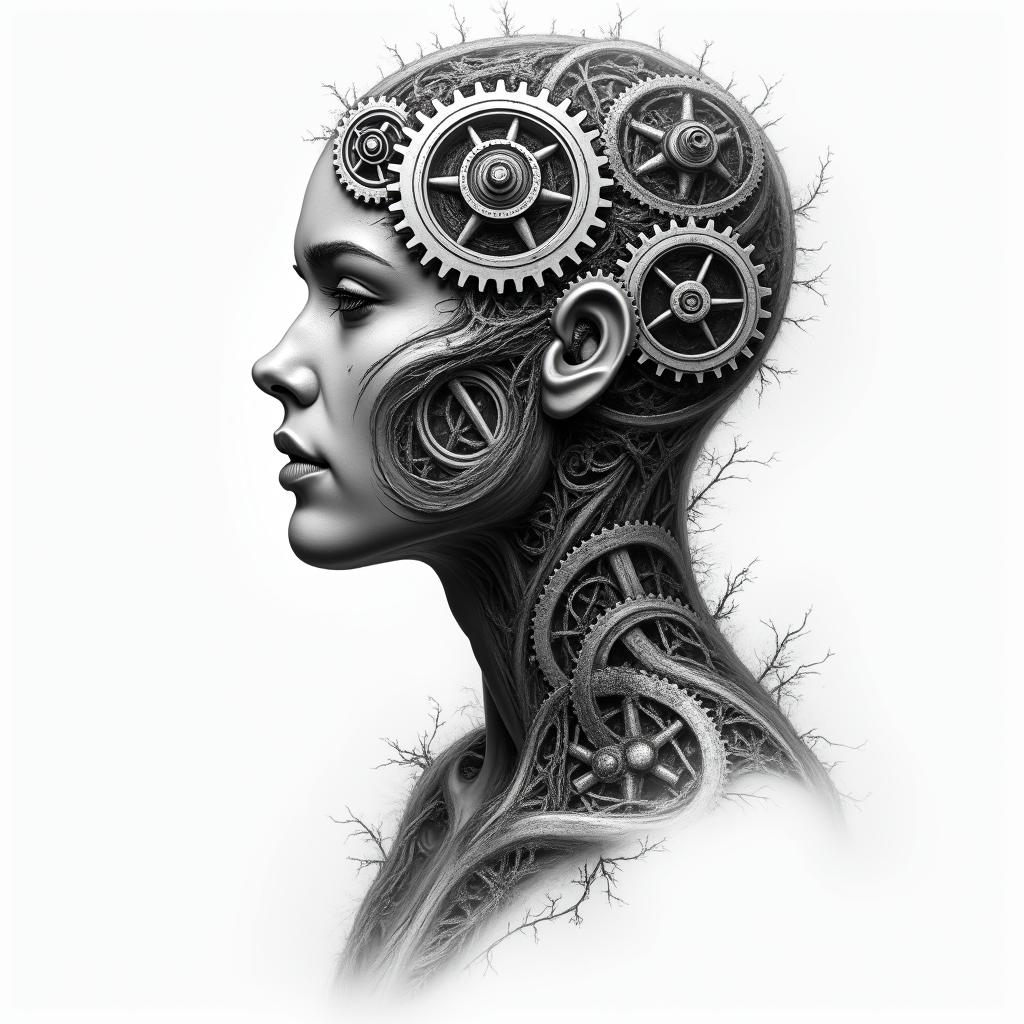 Mechanical gears fused with human anatomyin portrait tattoo style, featuring a highly realistic and detailed depiction  - Variation 2