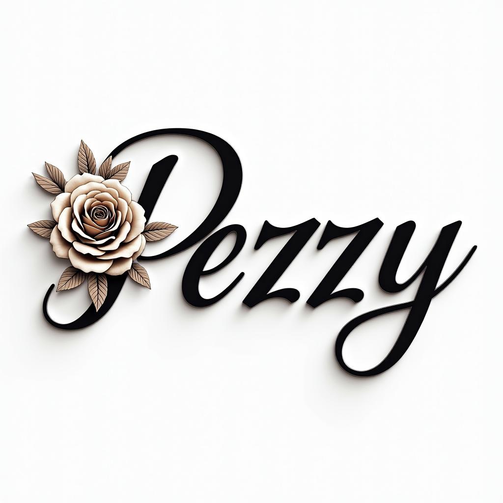 Pezzyin elegant cursive calligraphy style 2d tattoo, decorate with roses, featuring a smooth and flowing handwritten script with slightly thickened strokes for a luxurious and bold appearance,  heart symbol between names,  sleek and glossy black text with shadowing, minimalist matte white background, clean and sharp edges, illuminated with soft lighting, romantic, 8k, high-quality textures with refined typography - Variation 4