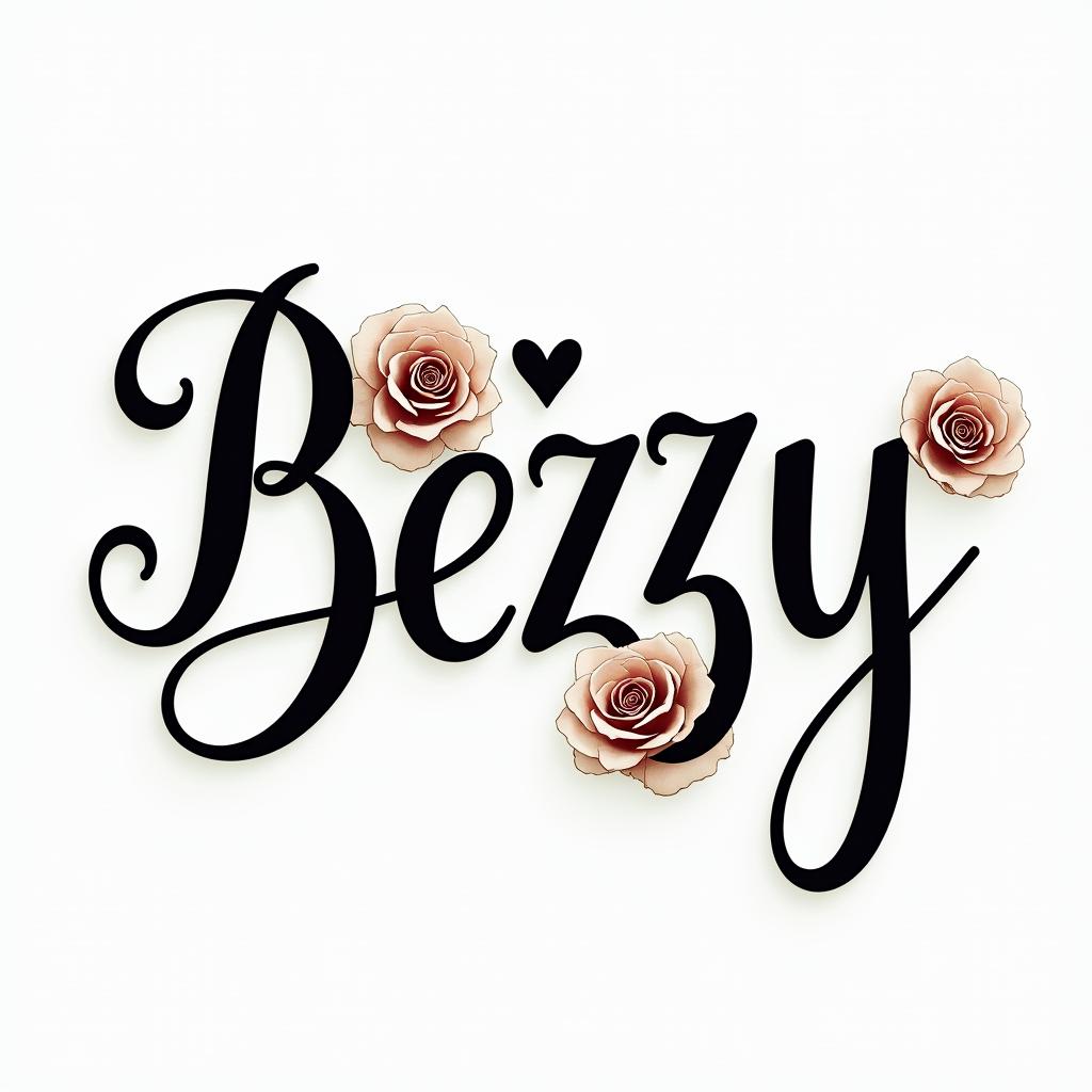 Pezzyin elegant cursive calligraphy style 2d tattoo, decorate with roses, featuring a smooth and flowing handwritten script with slightly thickened strokes for a luxurious and bold appearance,  heart symbol between names,  sleek and glossy black text with shadowing, minimalist matte white background, clean and sharp edges, illuminated with soft lighting, romantic, 8k, high-quality textures with refined typography - Variation 3