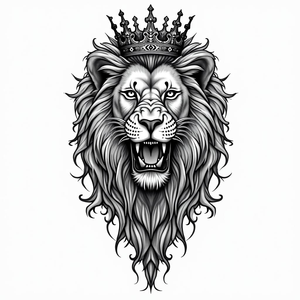 Lioness with crown on headin ornamental tattoo style, featuring intricate symmetrical patterns and floral designs, showcasing highly detailed line work and geometric shapes, creating a sense of elegance and balance - Variation 11