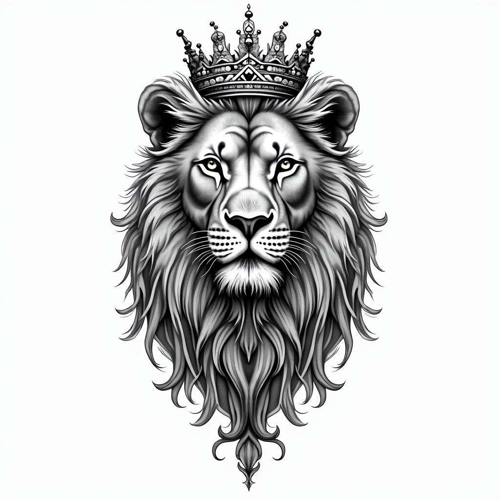 Lioness with crown on headin ornamental tattoo style, featuring intricate symmetrical patterns and floral designs, showcasing highly detailed line work and geometric shapes, creating a sense of elegance and balance - Variation 10