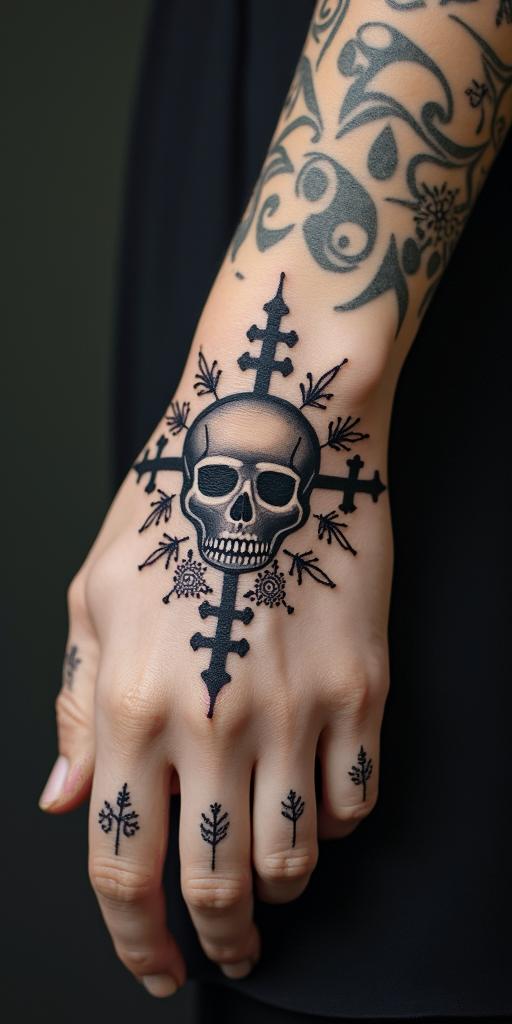 Delicate cross, net, flower, skullin bohemian style tattoo, 8k - Variation 1