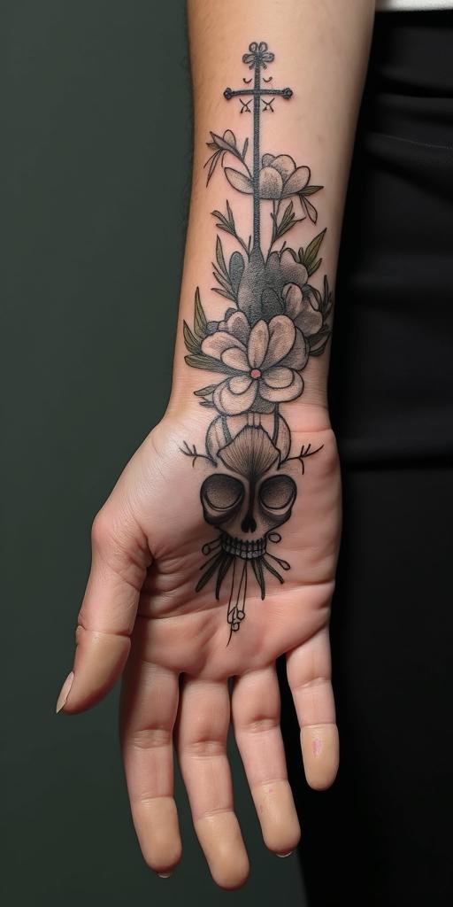 Delicate cross, net, flower, skullin bohemian style tattoo, 8k - Variation 3