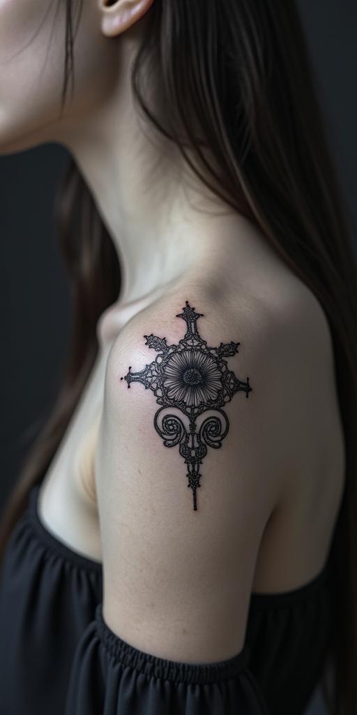 Delicate cross, net, flower, skullin bohemian style tattoo, 8k - Variation 4