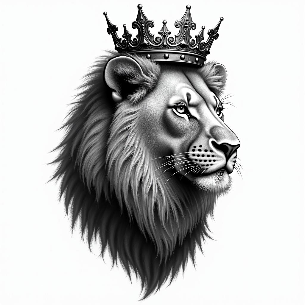 Lioness with crown on headin portrait tattoo style, featuring a highly realistic and detailed depiction  - Variation 8