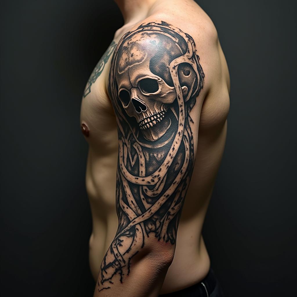 H.P. Lovecraftian horror,  , number 8 symbolism in horror tattoo style, showcasing haunting and unsettling, dark and gritty textures with skulls, eerie faces, jgged designs, bold and intense shading - Variation 2
