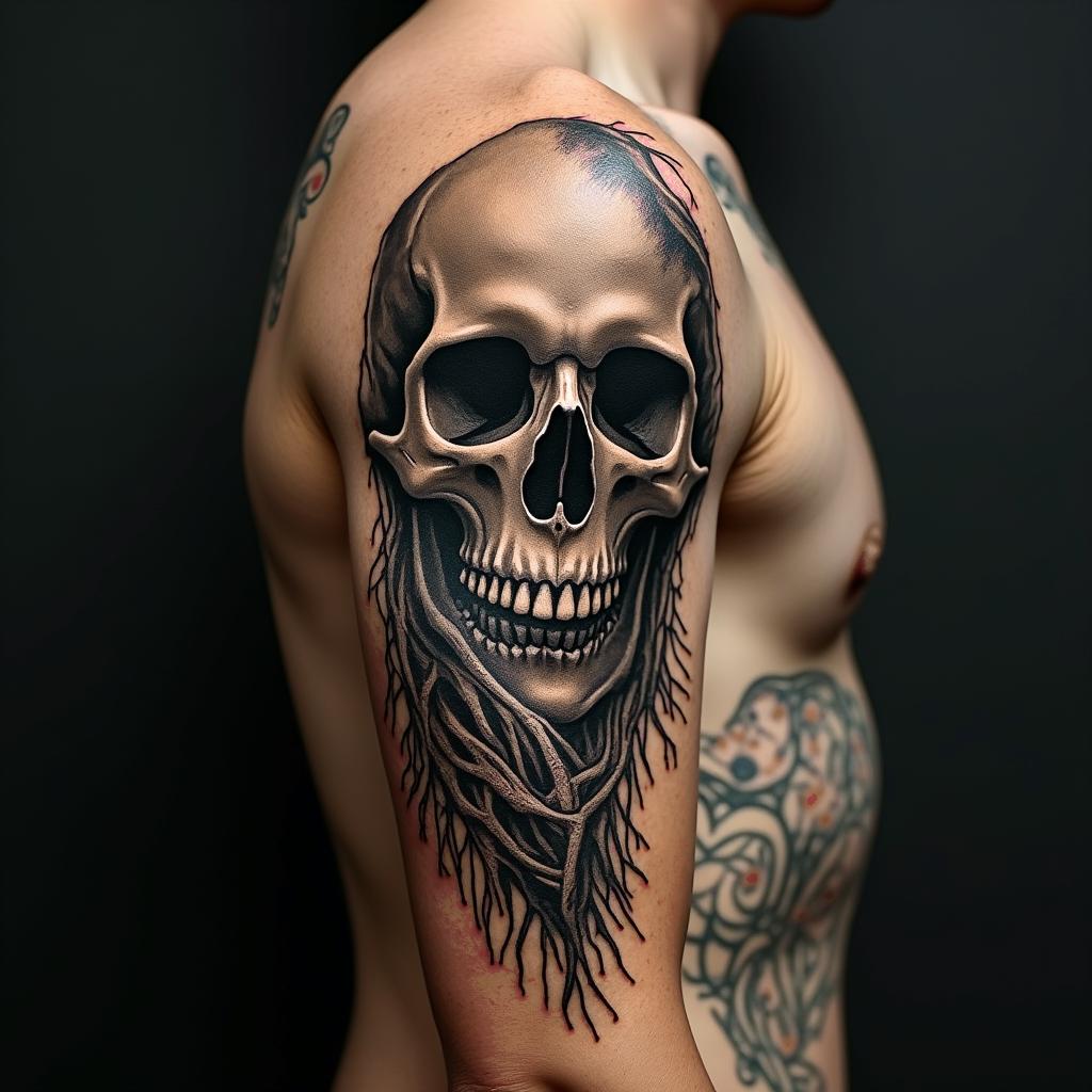 H.P. Lovecraftian horror,  , number 8 symbolism in horror tattoo style, showcasing haunting and unsettling, dark and gritty textures with skulls, eerie faces, jgged designs, bold and intense shading - Variation 4