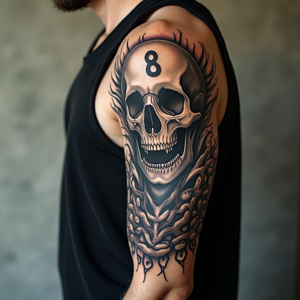 H.P. Lovecraftian horror,  , number 8 symbolism in horror tattoo style, showcasing haunting and unsettling, dark and gritty textures with skulls, eerie faces, jgged designs, bold and intense shading - Variation 3
