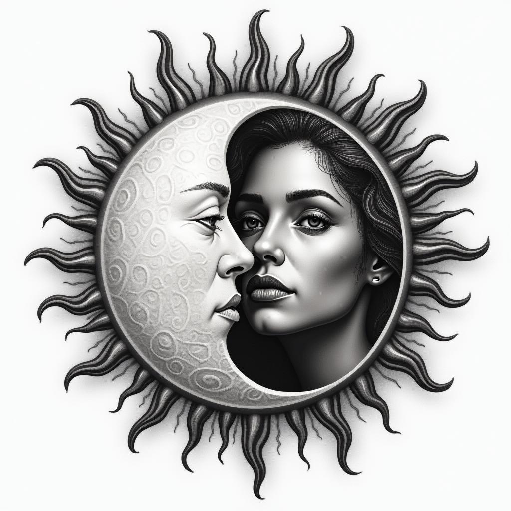 Sun and moon intertwined, glowingin portrait tattoo style, featuring a highly realistic and detailed depiction  - Variation 8