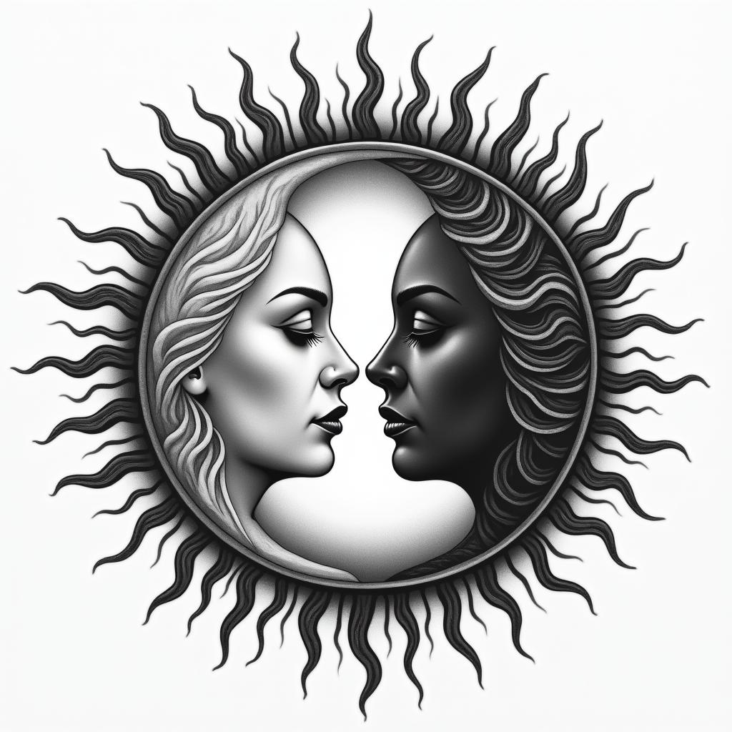 Sun and moon intertwined, glowingin portrait tattoo style, featuring a highly realistic and detailed depiction  - Variation 6