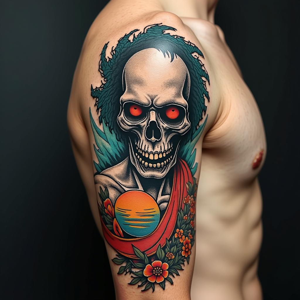 H.P. Lovecraftian horror,in pop art style tattoo, featuring bold and vibrant colors, exaggerated outlines, iconic imagery, inspired by comic books and speech bubbles, comic book characters, retro pop culture - Variation 1
