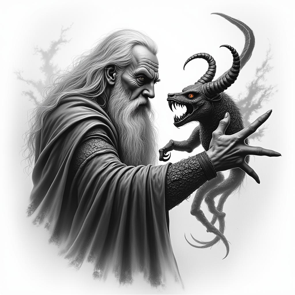 Gandalf fighting demon from Lord Of The Ringshigly detailed tattoo - Variation 4