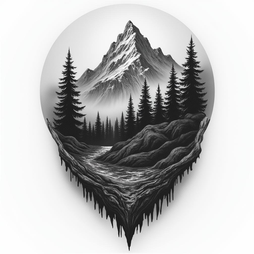 Mountain life deathin realism tattoo style, featuring a highly detailed, lifelike, capturing every detail, photorealistic, ultra realistic, intricate shading, smooth and sharp,   - Variation 3
