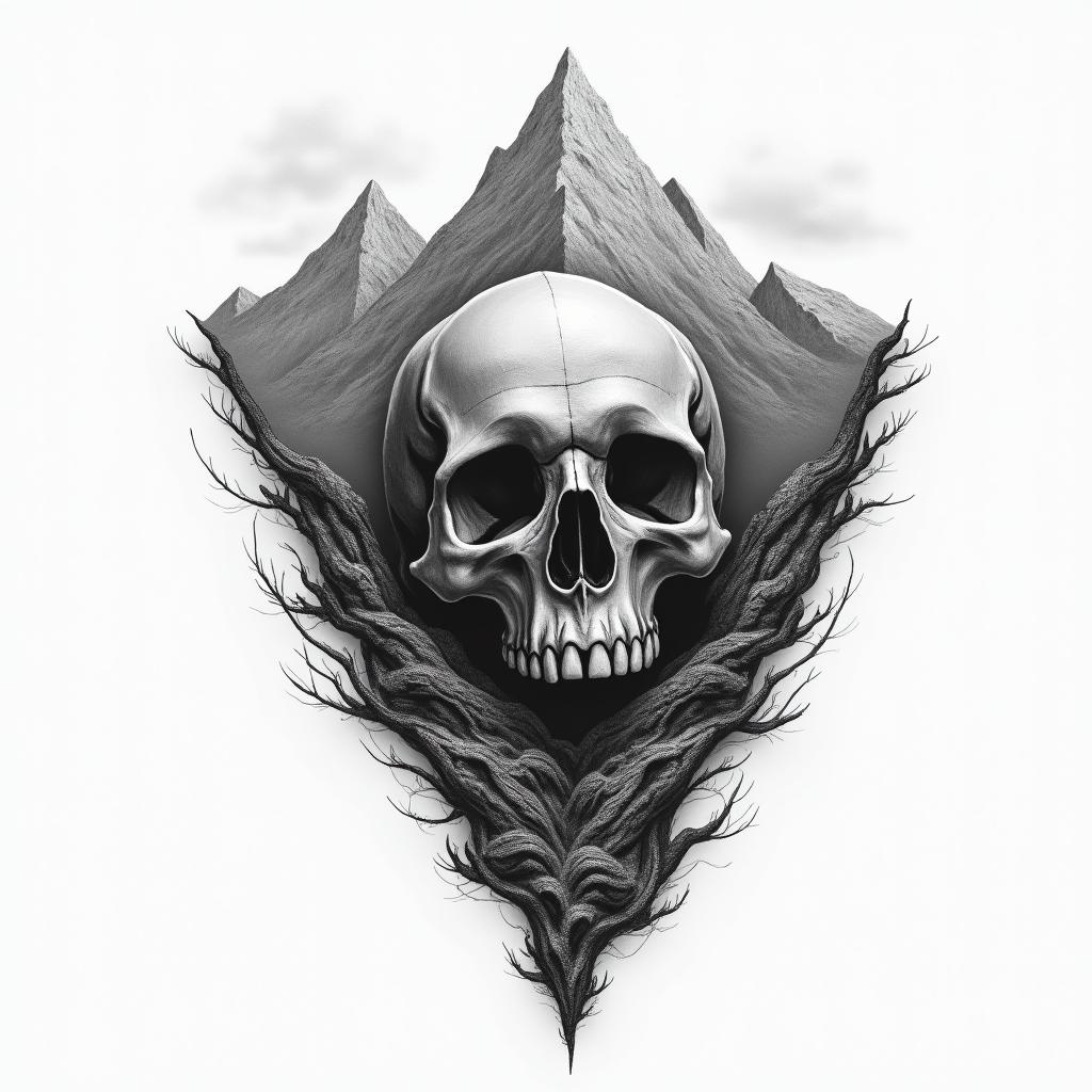 Mountain life deathin realism tattoo style, featuring a highly detailed, lifelike, capturing every detail, photorealistic, ultra realistic, intricate shading, smooth and sharp,  
