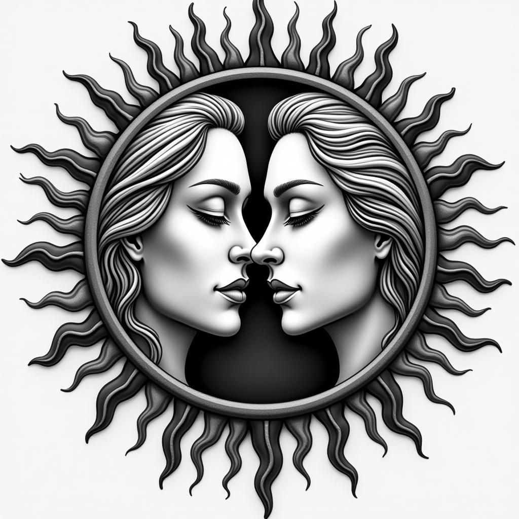 Sun and moon intertwined, glowingin portrait tattoo style, featuring a highly realistic and detailed depiction  - Variation 4