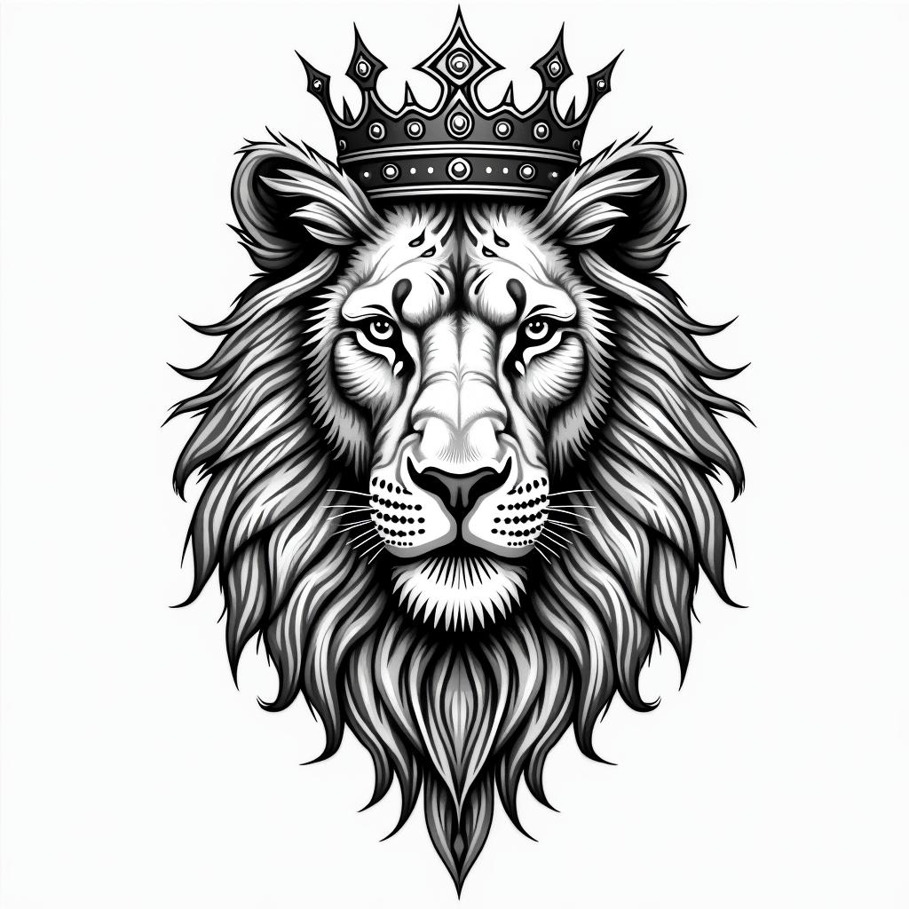 Lioness with crown on headin dotwork style tattoo, complex mandala patterns, interlocking geometric shapes with sharp symmetry, clean lines, sharp angles - Variation 8