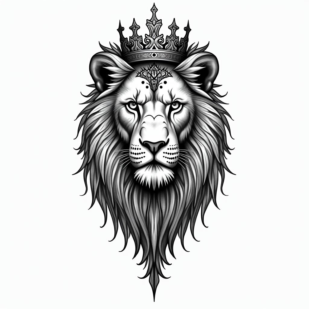 Lioness with crown on headin dotwork style tattoo, complex mandala patterns, interlocking geometric shapes with sharp symmetry, clean lines, sharp angles - Variation 7