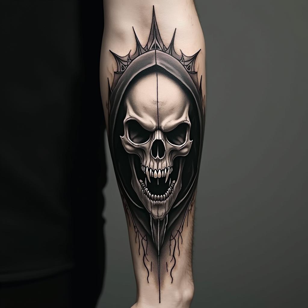 Forearm tattoo, Grim Reaper shushing black and grey, Realisticcreepy horror tattoo style, featuring an eerie and unsettling skull of a demonic creature, distorted face with sharp fangs, add pentagram symbol - Variation 8