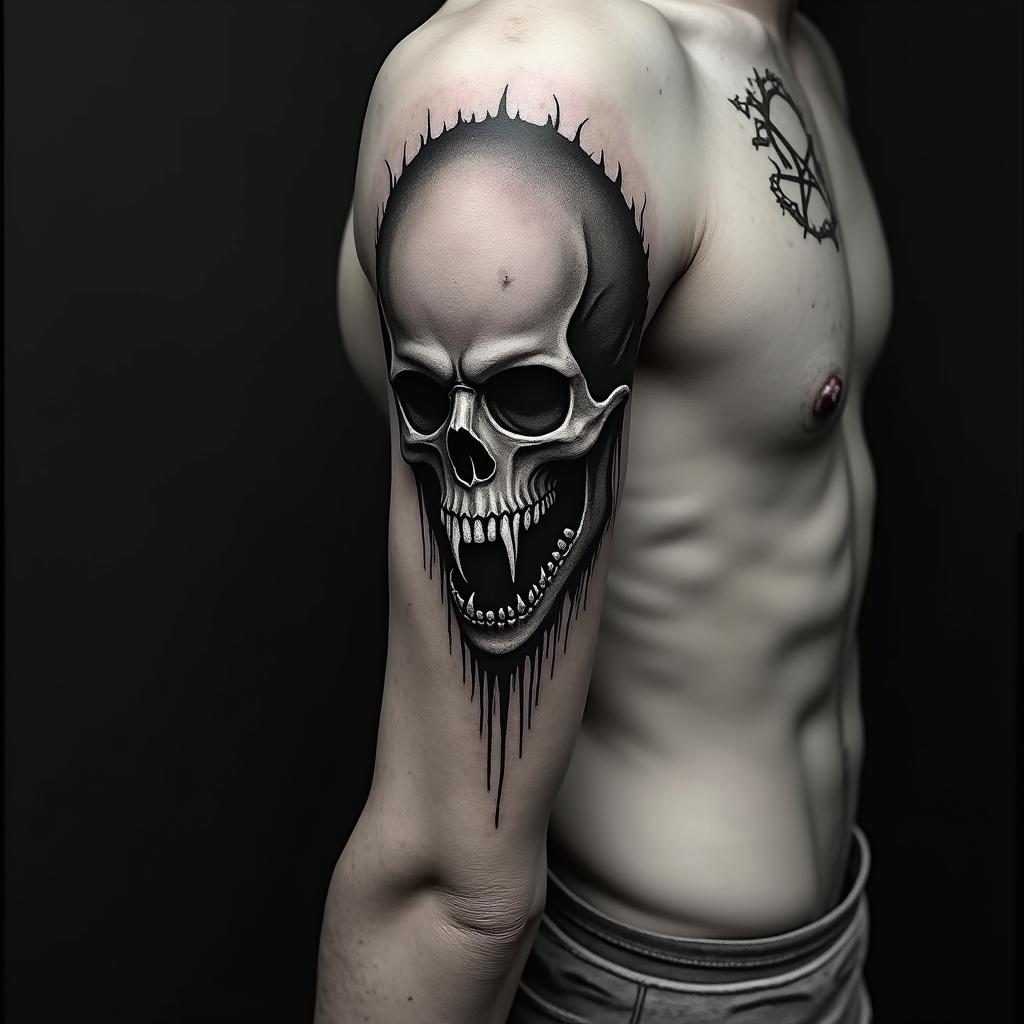 Forearm tattoo, Grim Reaper shushing black and grey, Realisticcreepy horror tattoo style, featuring an eerie and unsettling skull of a demonic creature, distorted face with sharp fangs, add pentagram symbol - Variation 6