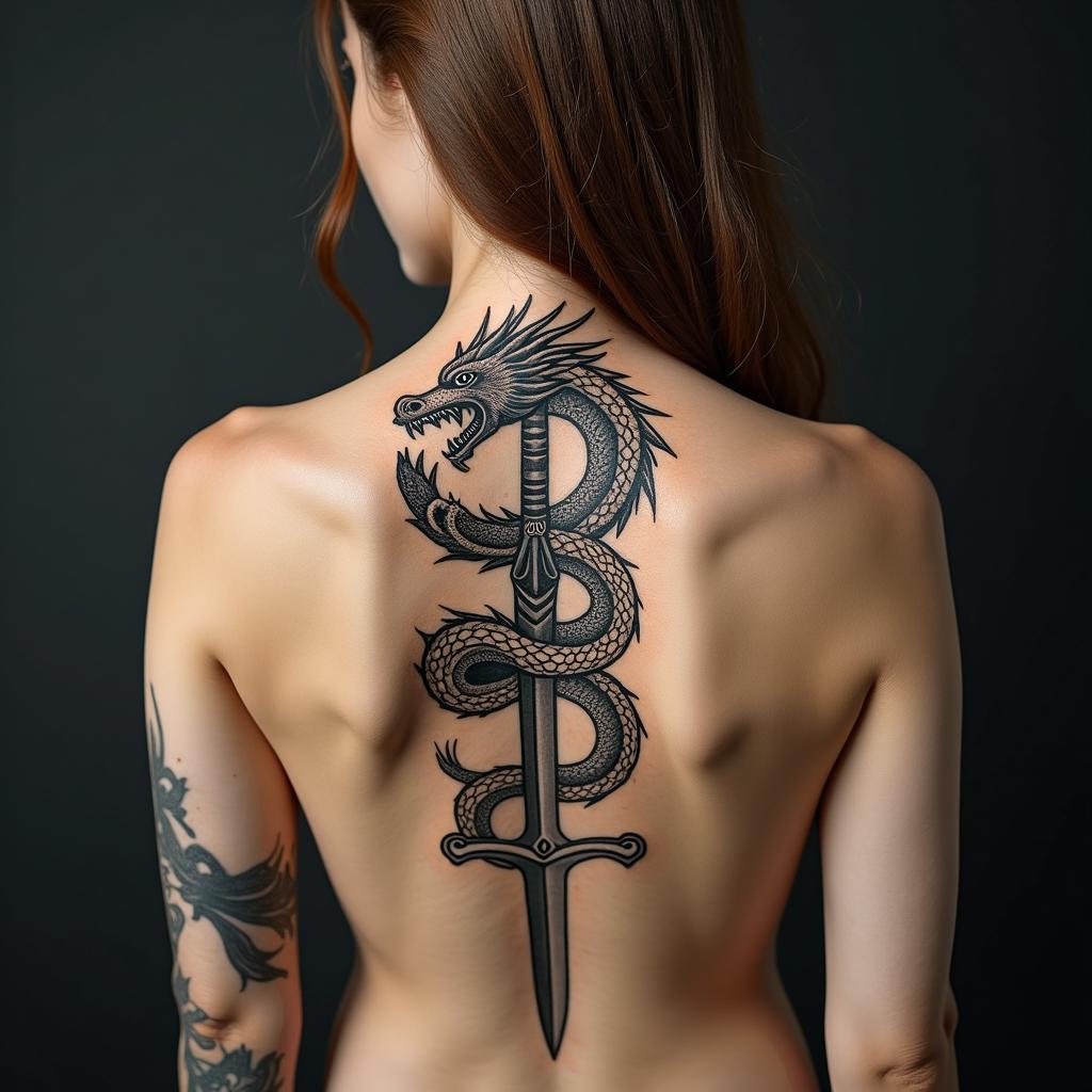 Majestic dragon coiled around a swordtext-based tattoo, gothic font ultra-realistic, perfectly placed, high-quality font design, photo-realistic shading, 8k, high quality, finely detailed typography - Variation 5