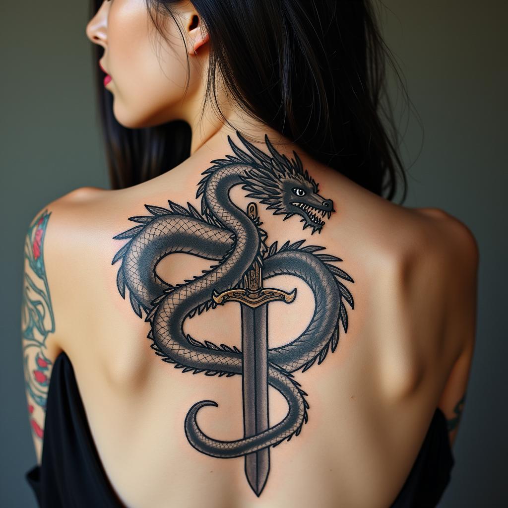 Majestic dragon coiled around a swordtext-based tattoo, gothic font ultra-realistic, perfectly placed, high-quality font design, photo-realistic shading, 8k, high quality, finely detailed typography - Variation 7