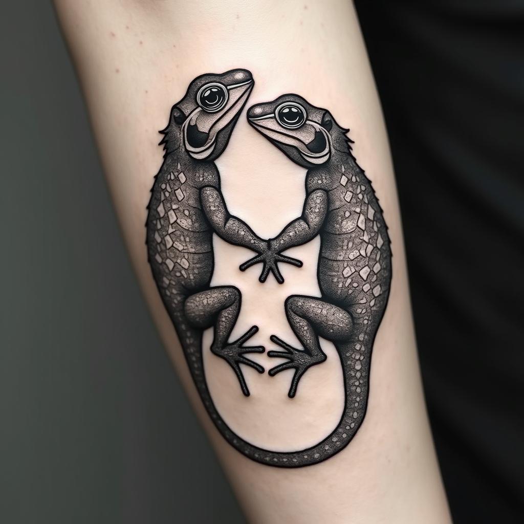 Two lizards that are joined by their snouts and tails and form an infinity symbol. in geometric style tattoo, blending hexagons, mandala-inspired patterns, symmetrical and fractal design, clean lines, sharp angles