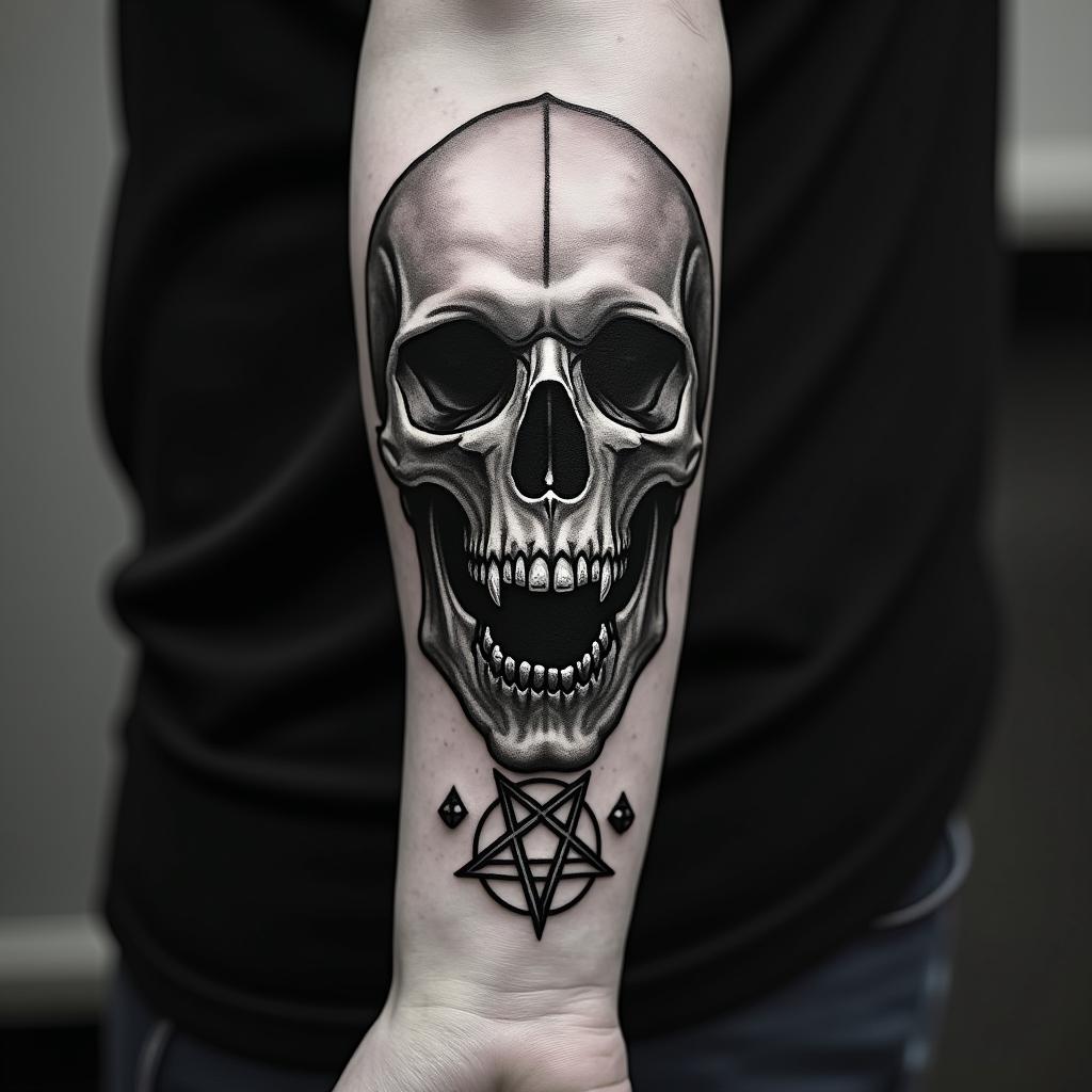 Forearm tattoo, Grim Reaper shushing black and grey, Realisticcreepy horror tattoo style, featuring an eerie and unsettling skull of a demonic creature, distorted face with sharp fangs, add pentagram symbol - Variation 1
