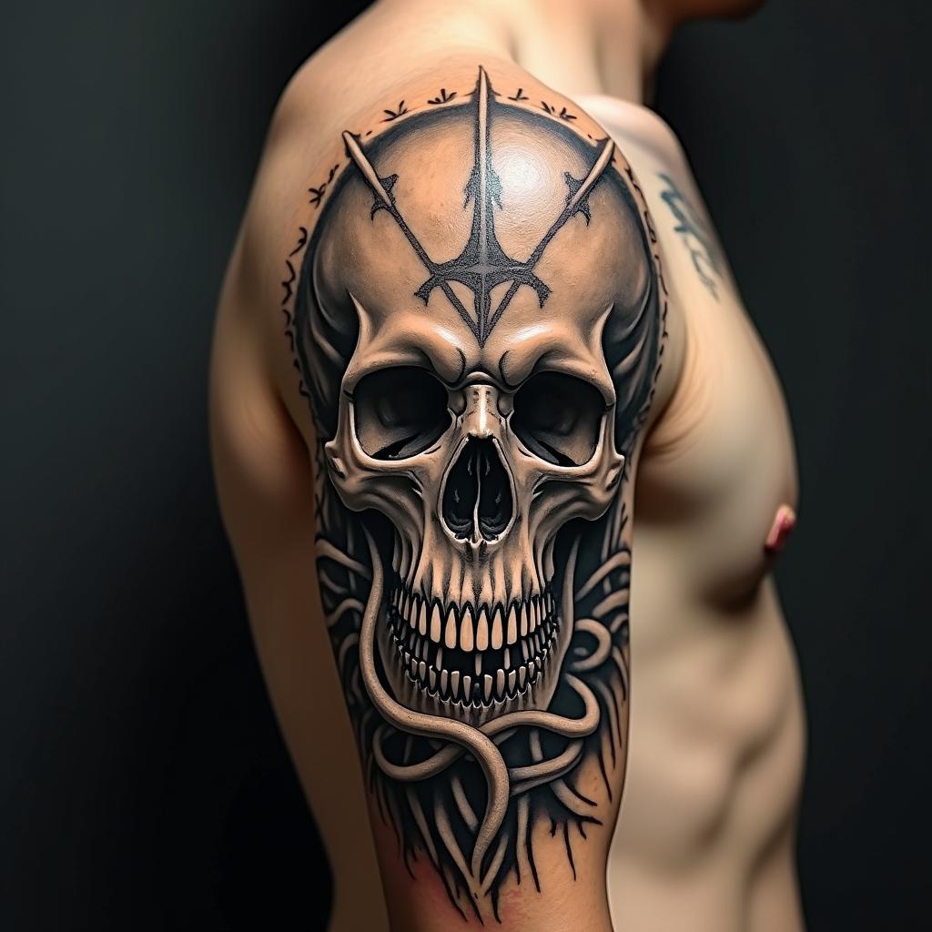 Nyarlathotep the crawling chaos, Cthulu, Azathoth, Yogosothoth, Shub Nigurothcreepy horror tattoo style, featuring an eerie and unsettling skull of a demonic creature, distorted face with sharp fangs, add pentagram symbol - Variation 2