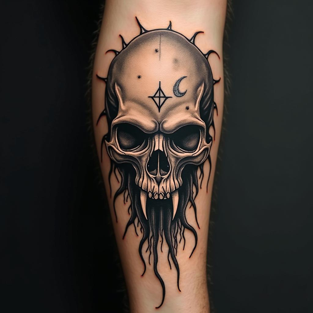 Nyarlathotep the crawling chaos, Cthulu, Azathoth, Yogosothoth, Shub Nigurothcreepy horror tattoo style, featuring an eerie and unsettling skull of a demonic creature, distorted face with sharp fangs, add pentagram symbol - Variation 1