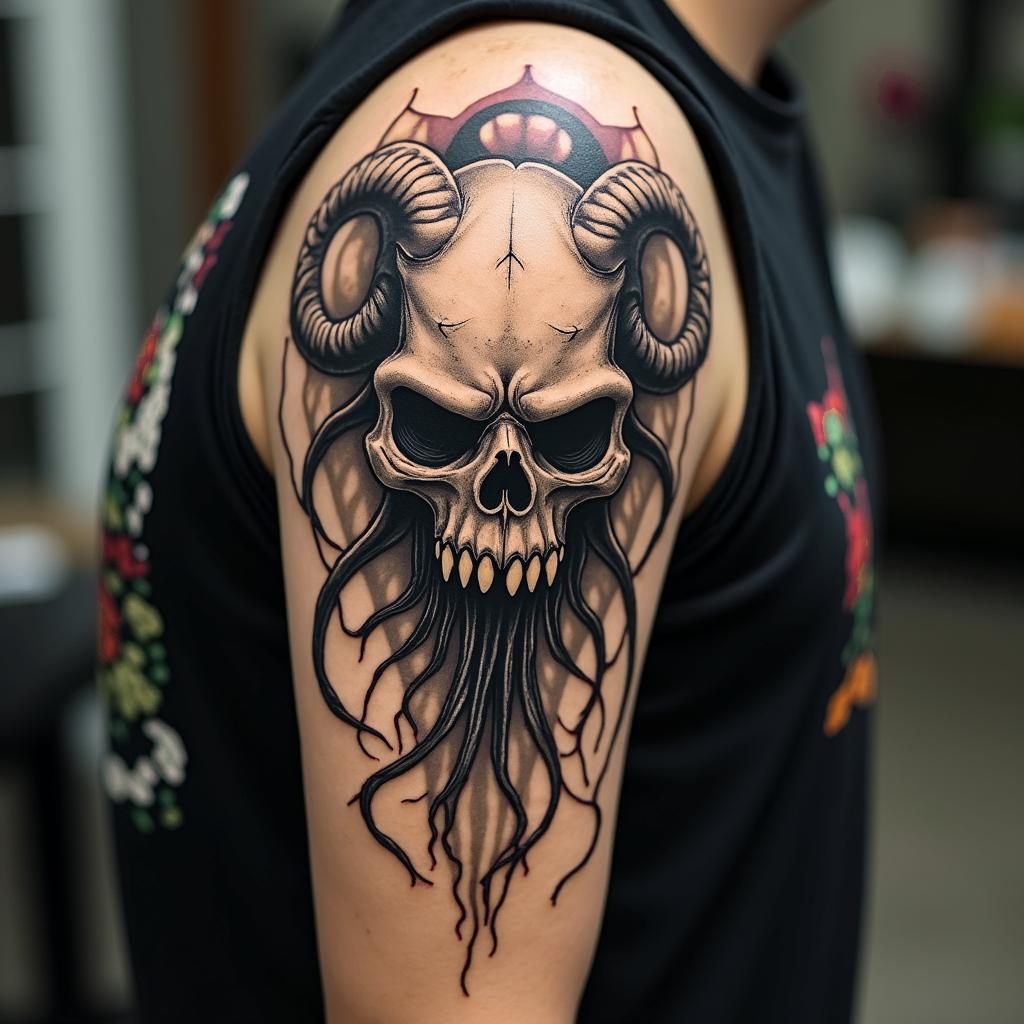 Nyarlathotep the crawling chaos, Cthulu, Azathoth, Yogosothoth, Shub Nigurothcreepy horror tattoo style, featuring an eerie and unsettling skull of a demonic creature, distorted face with sharp fangs, add pentagram symbol - Variation 4
